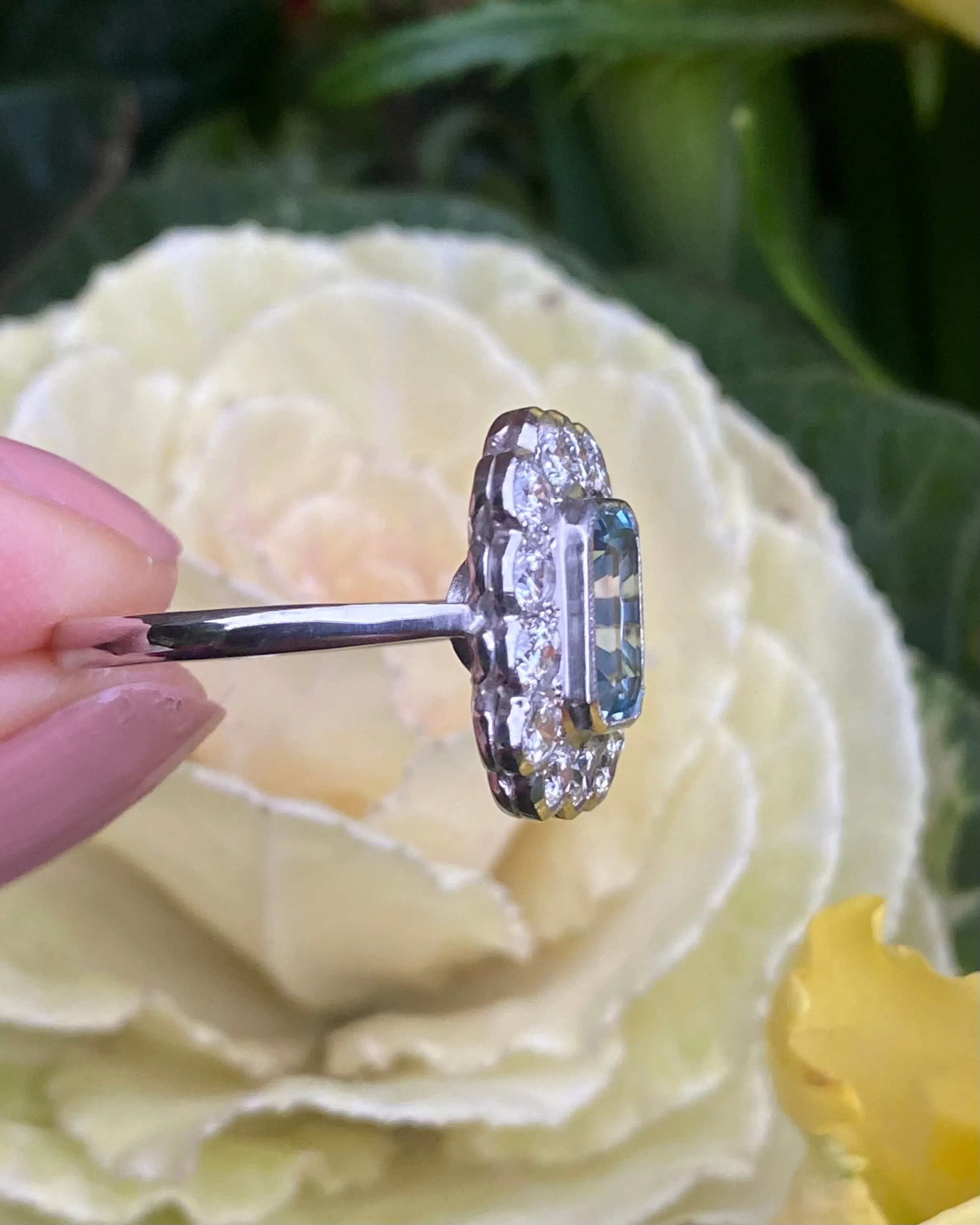 Victorian Aquamarine and Diamond Cluster Platinum Ring 1.40ct   2.10ct