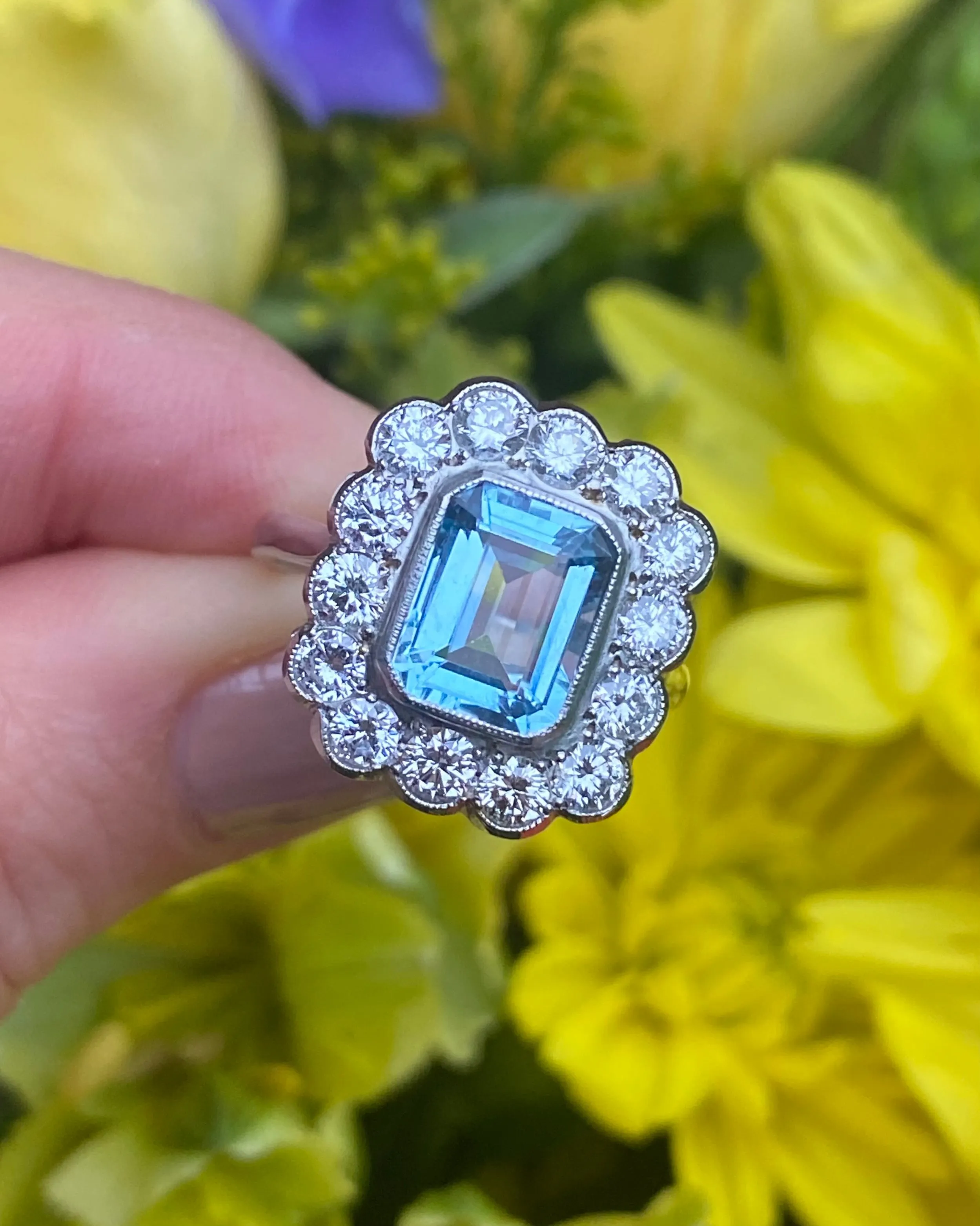 Victorian Aquamarine and Diamond Cluster Platinum Ring 1.40ct   2.10ct