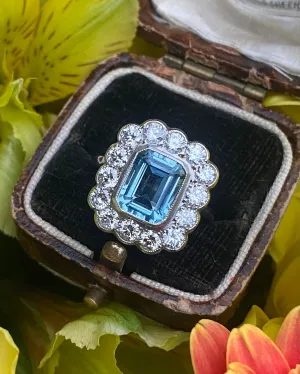 Victorian Aquamarine and Diamond Cluster Platinum Ring 1.40ct   2.10ct