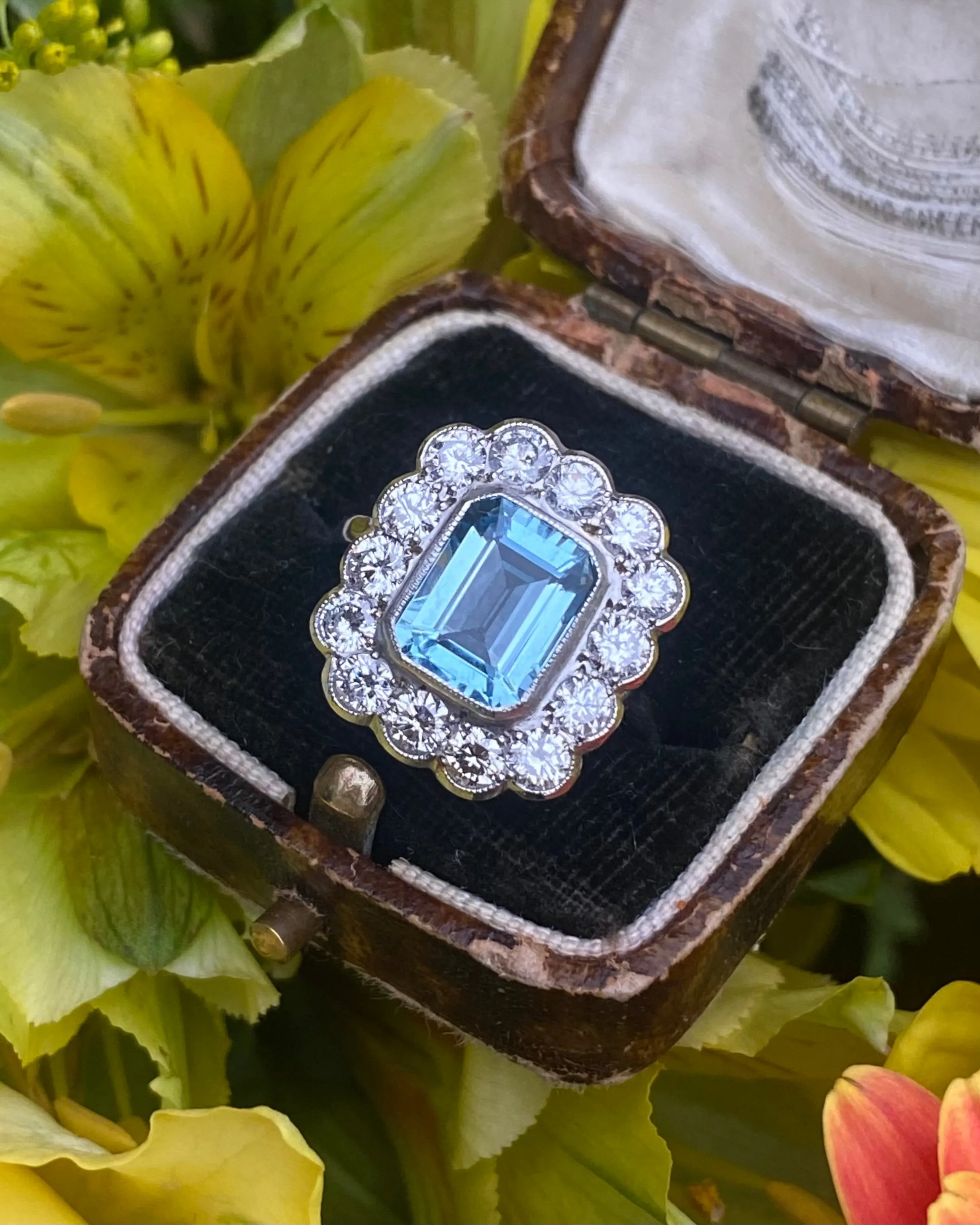 Victorian Aquamarine and Diamond Cluster Platinum Ring 1.40ct   2.10ct
