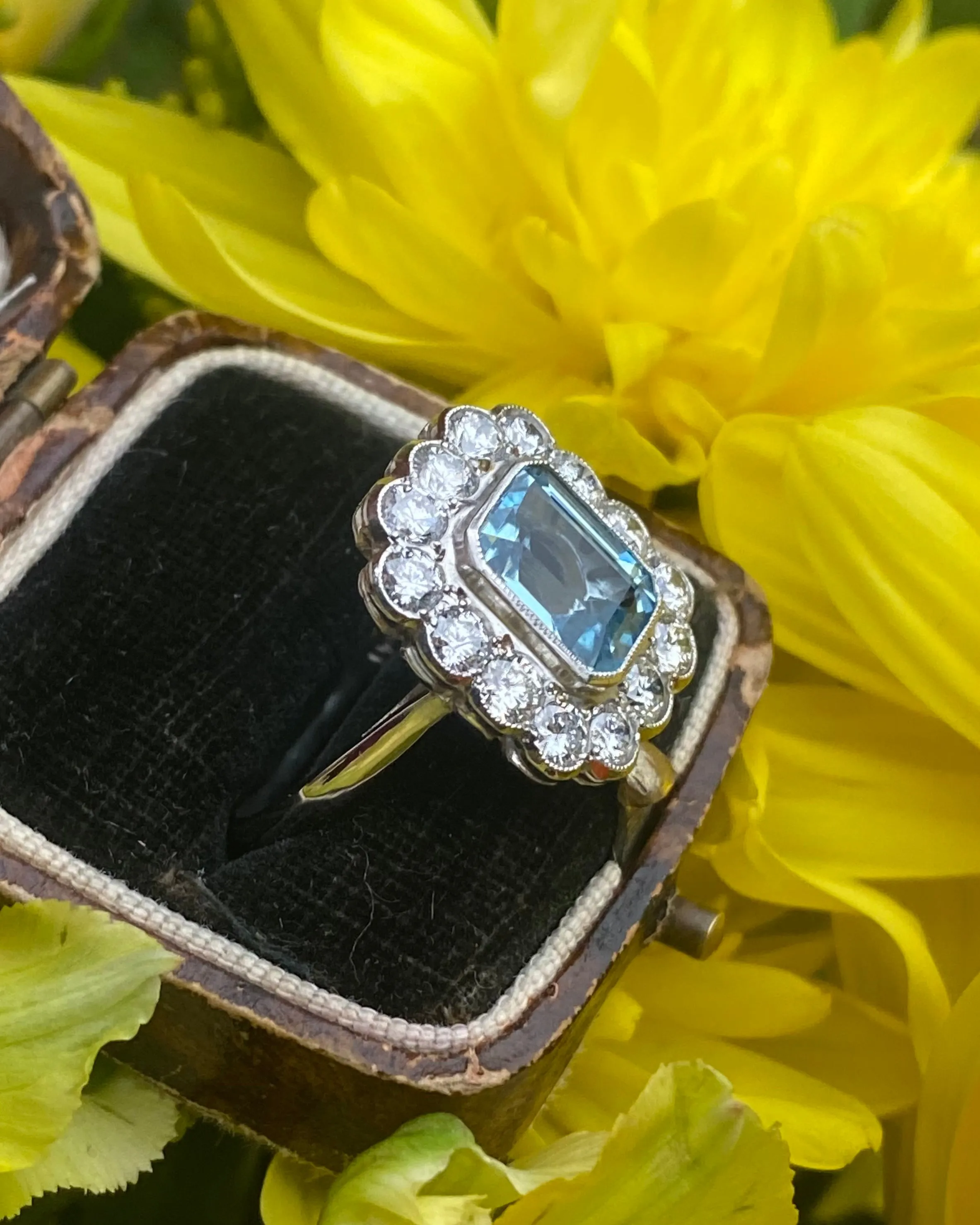 Victorian Aquamarine and Diamond Cluster Platinum Ring 1.40ct   2.10ct