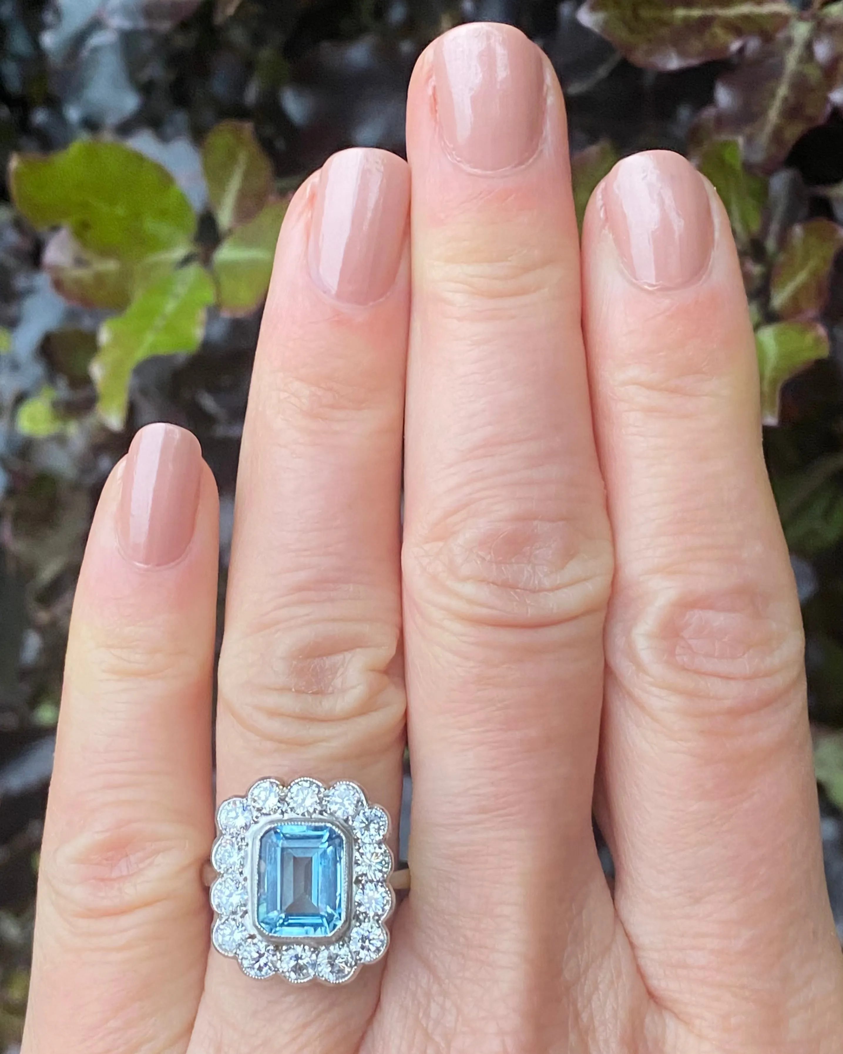 Victorian Aquamarine and Diamond Cluster Platinum Ring 1.40ct   2.10ct