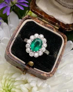 Victorian Style Emerald and Diamond Cluster Ring 18ct Yellow Gold 0.90ct   2.02ct