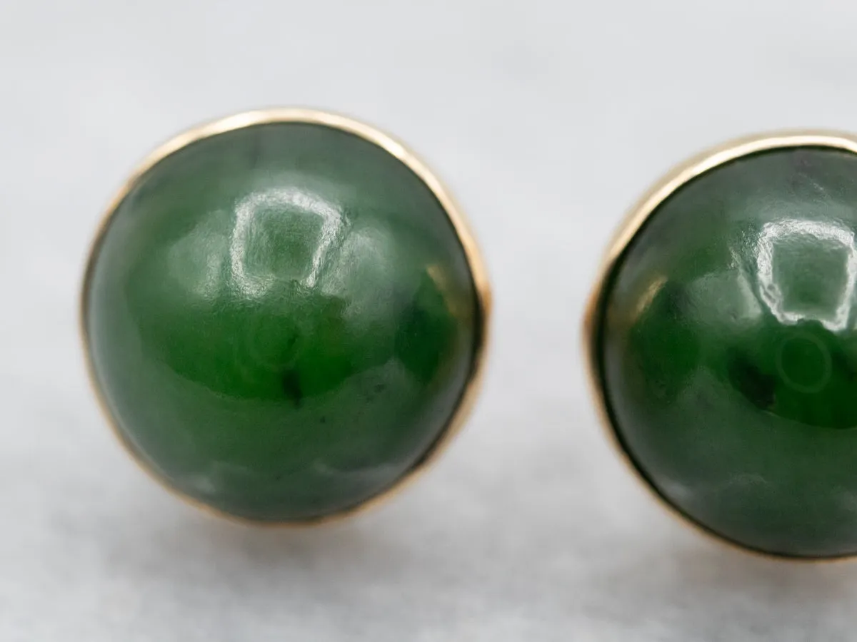 Vintage Bezel-Set Gold Nephrite Jade Stud Earrings