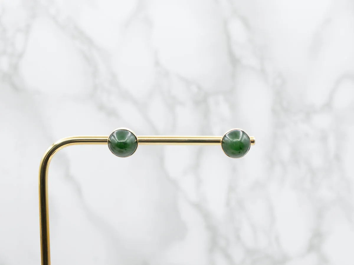 Vintage Bezel-Set Gold Nephrite Jade Stud Earrings