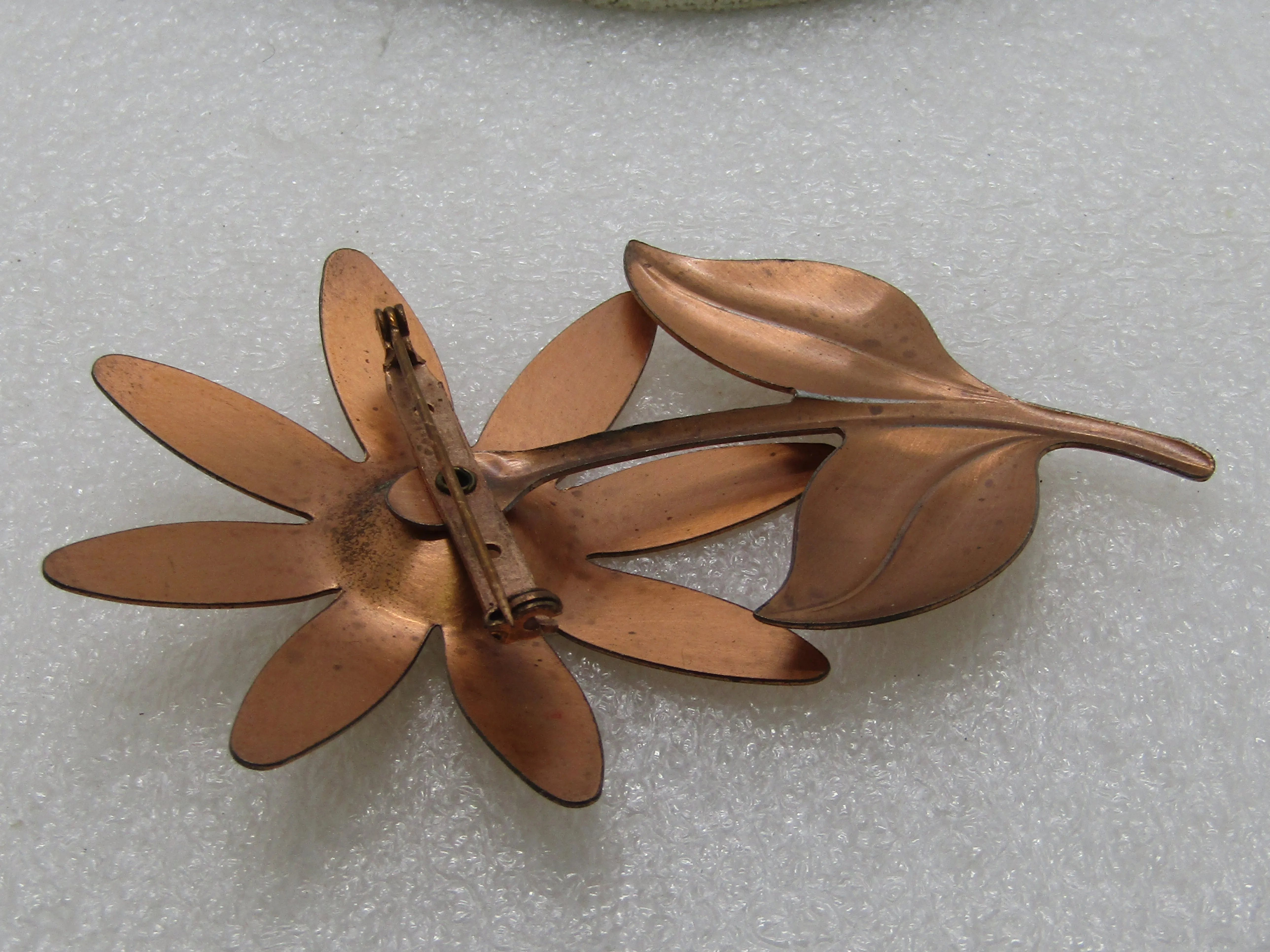 Vintage Copper Floral Brooch, Gold Rhinestone Center, 3.5" tall, 1940's-1950's
