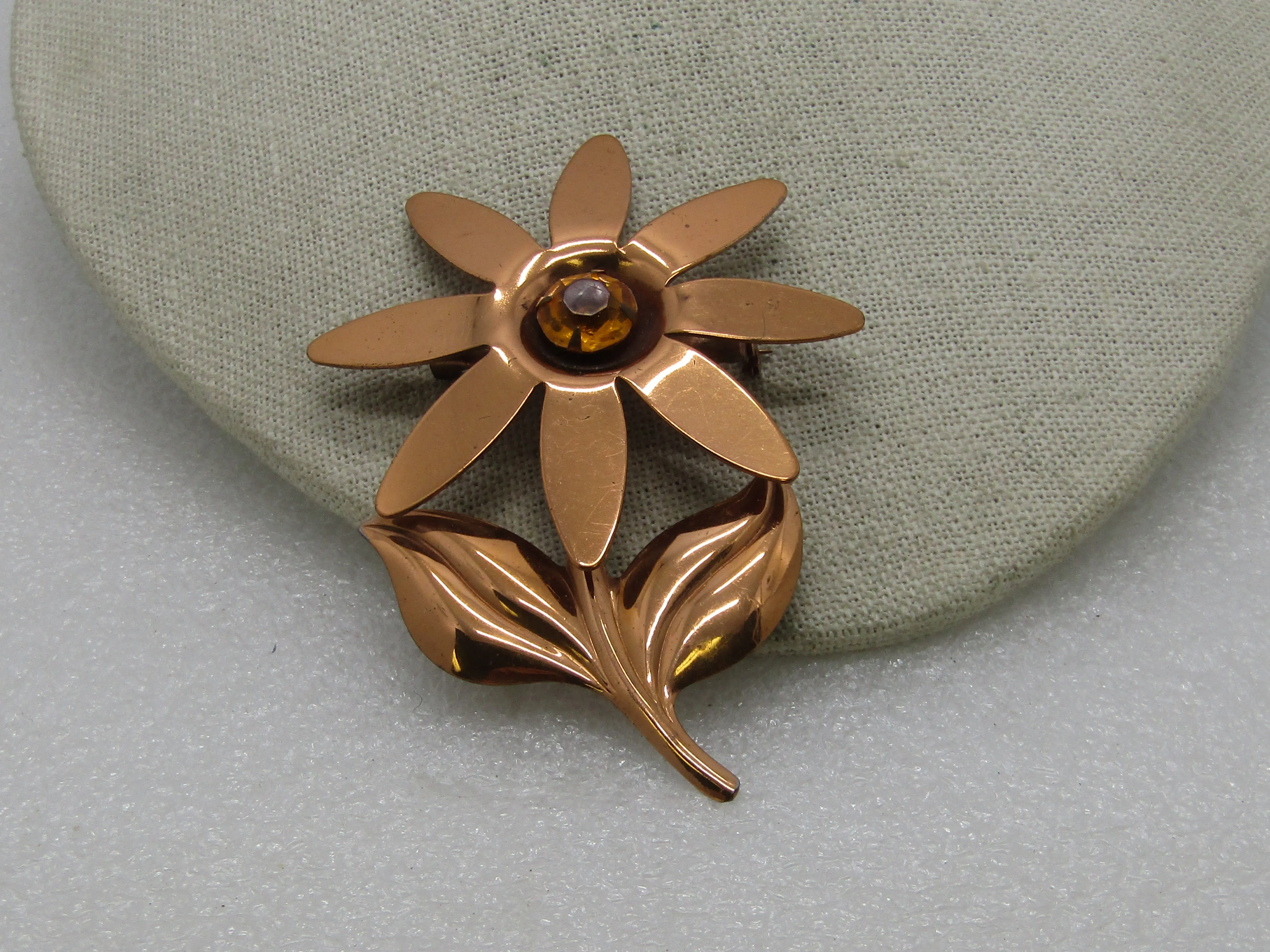 Vintage Copper Floral Brooch, Gold Rhinestone Center, 3.5" tall, 1940's-1950's