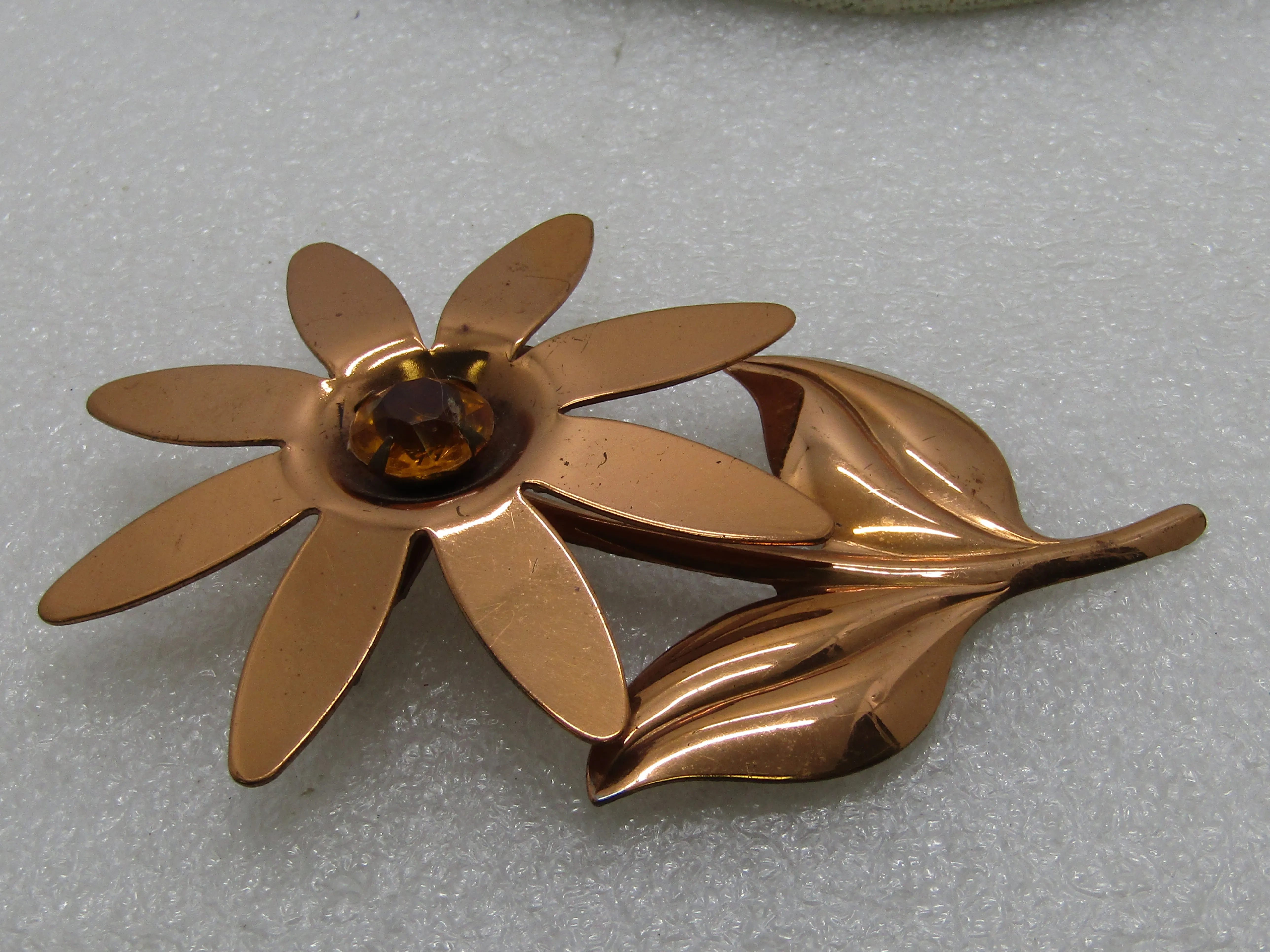 Vintage Copper Floral Brooch, Gold Rhinestone Center, 3.5" tall, 1940's-1950's