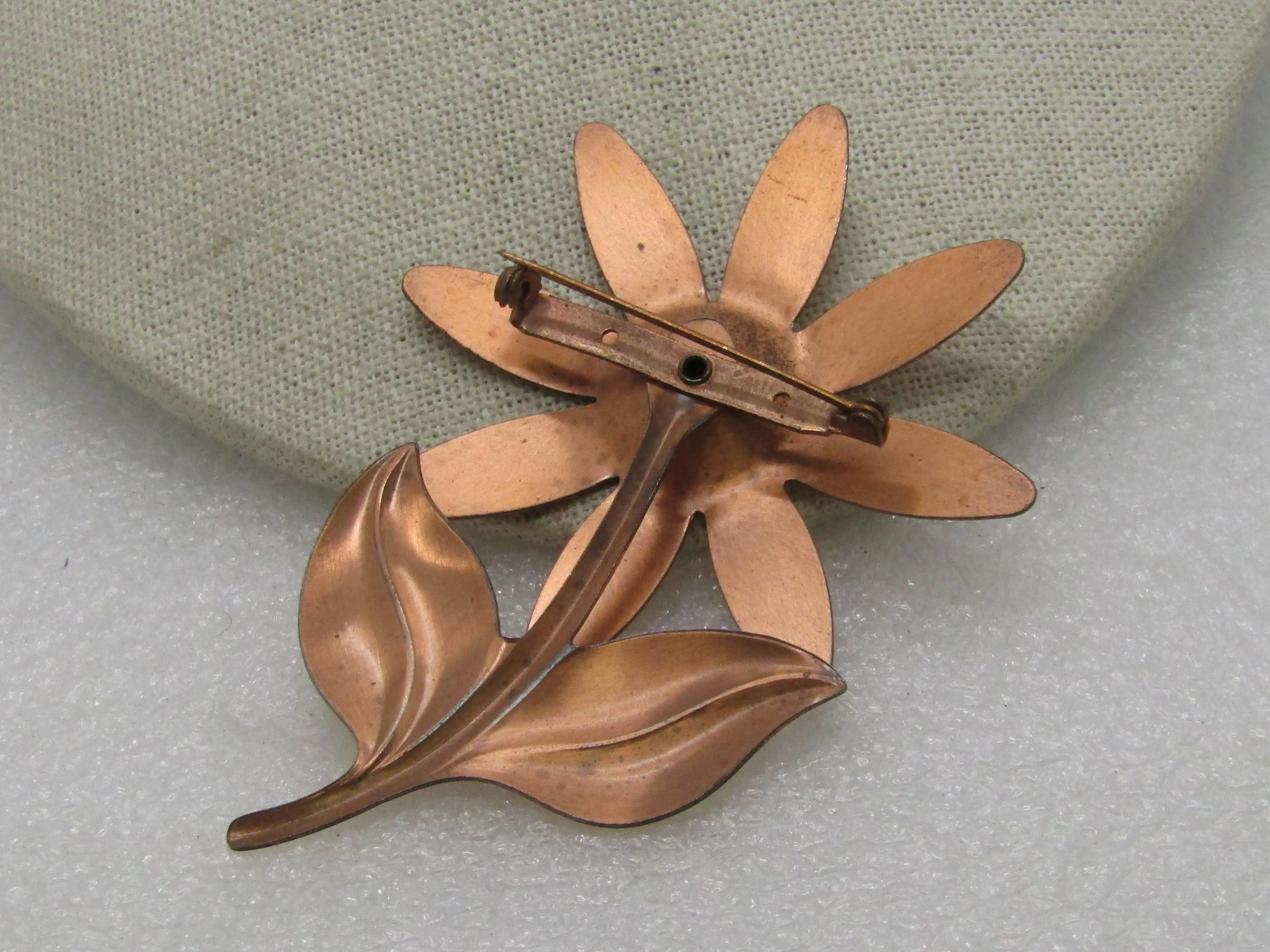 Vintage Copper Floral Brooch, Gold Rhinestone Center, 3.5" tall, 1940's-1950's