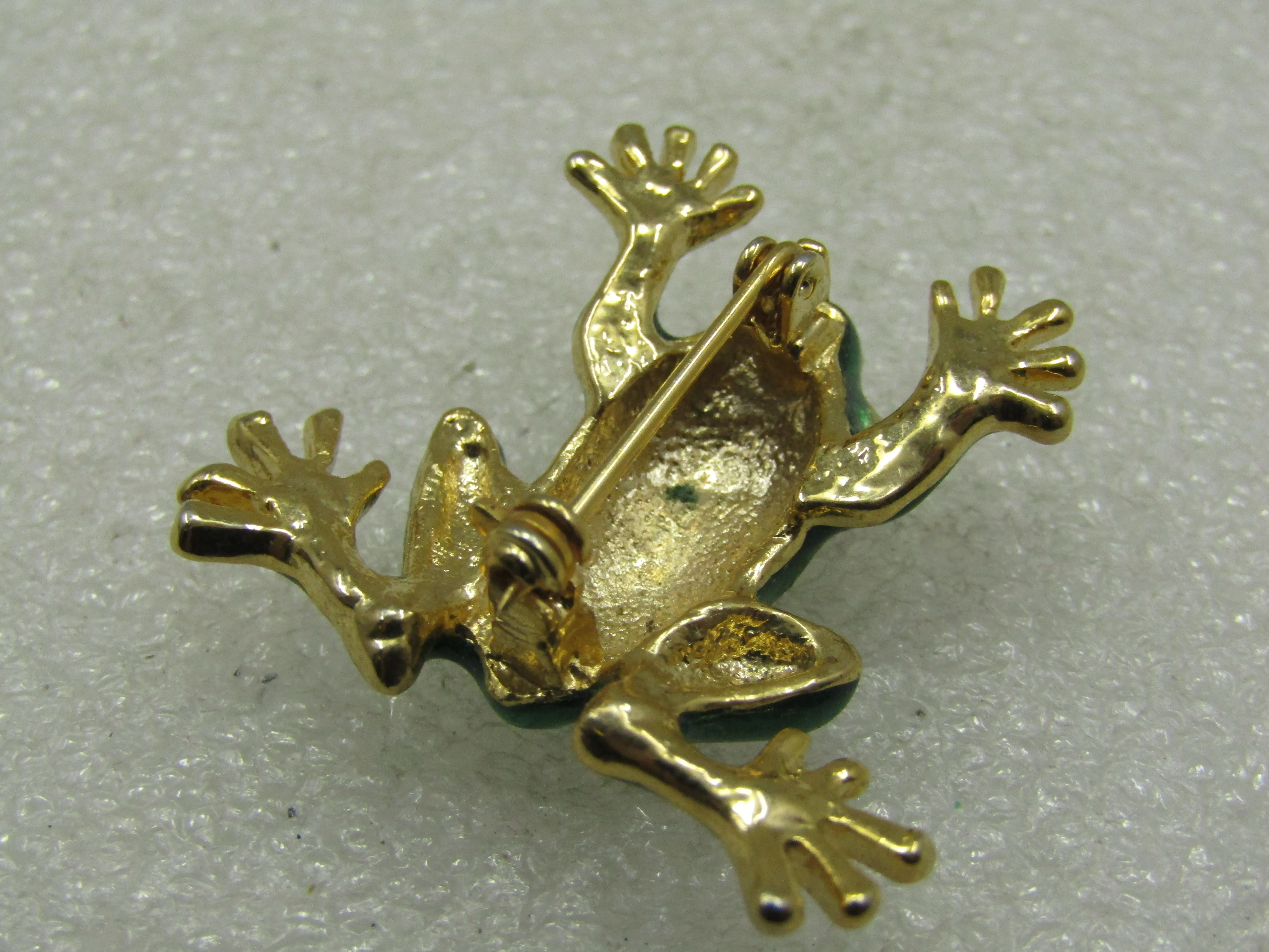 Vintage Enameled  Green Frog Brooch, Rhinestone Eyes. 1.25" tall and 1.5"