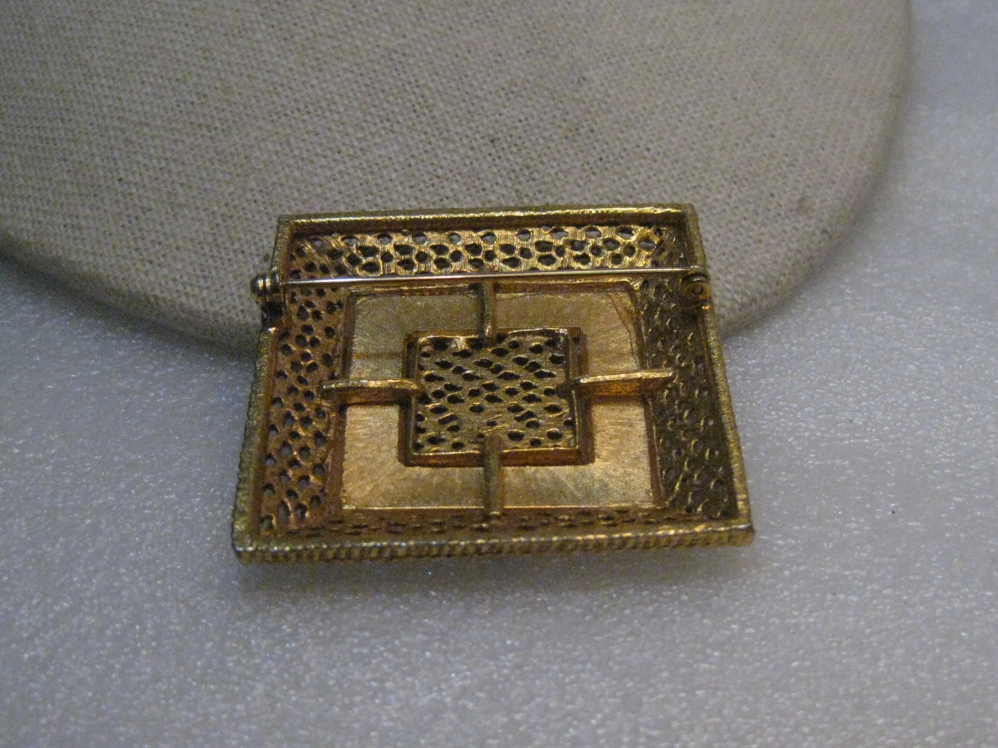Vintage Filigree Raised Square Brooch, 1960's, Gold Tone, 2"