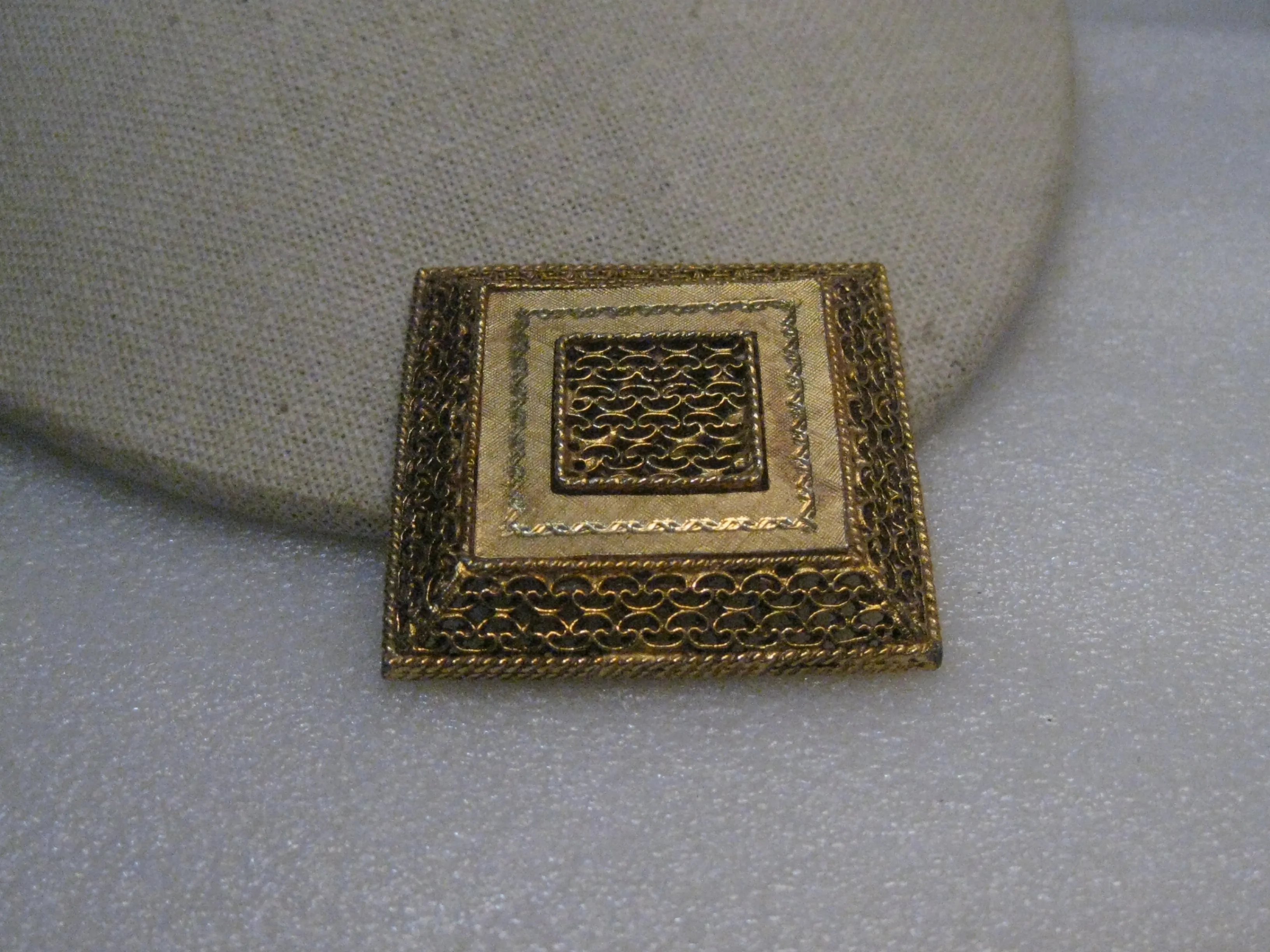 Vintage Filigree Raised Square Brooch, 1960's, Gold Tone, 2"