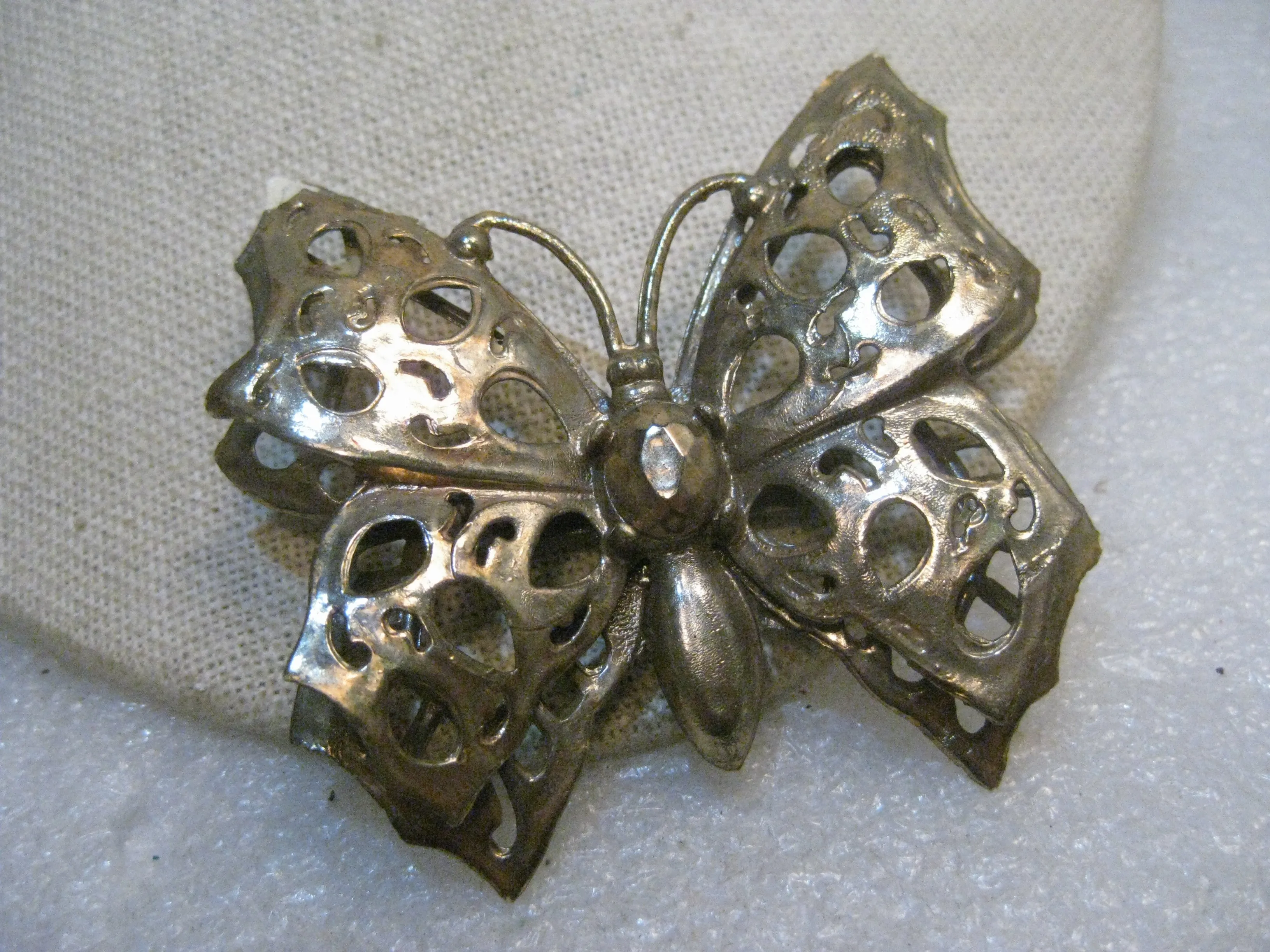 Vintage Gold Over Plastic Butterfly Brooch, Tiered Wings, 3-D, Plastic, 1960's, 2.5"