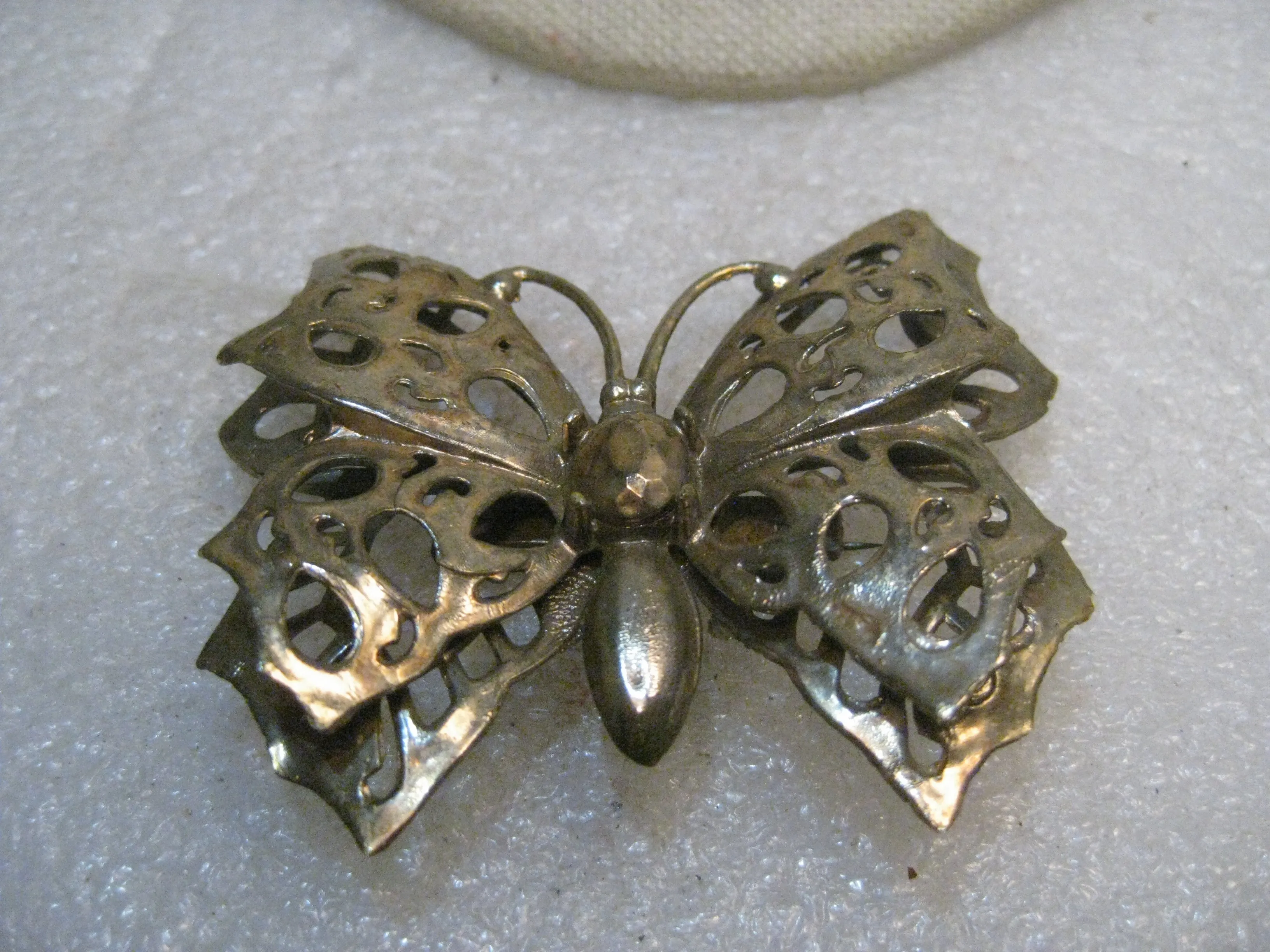 Vintage Gold Over Plastic Butterfly Brooch, Tiered Wings, 3-D, Plastic, 1960's, 2.5"