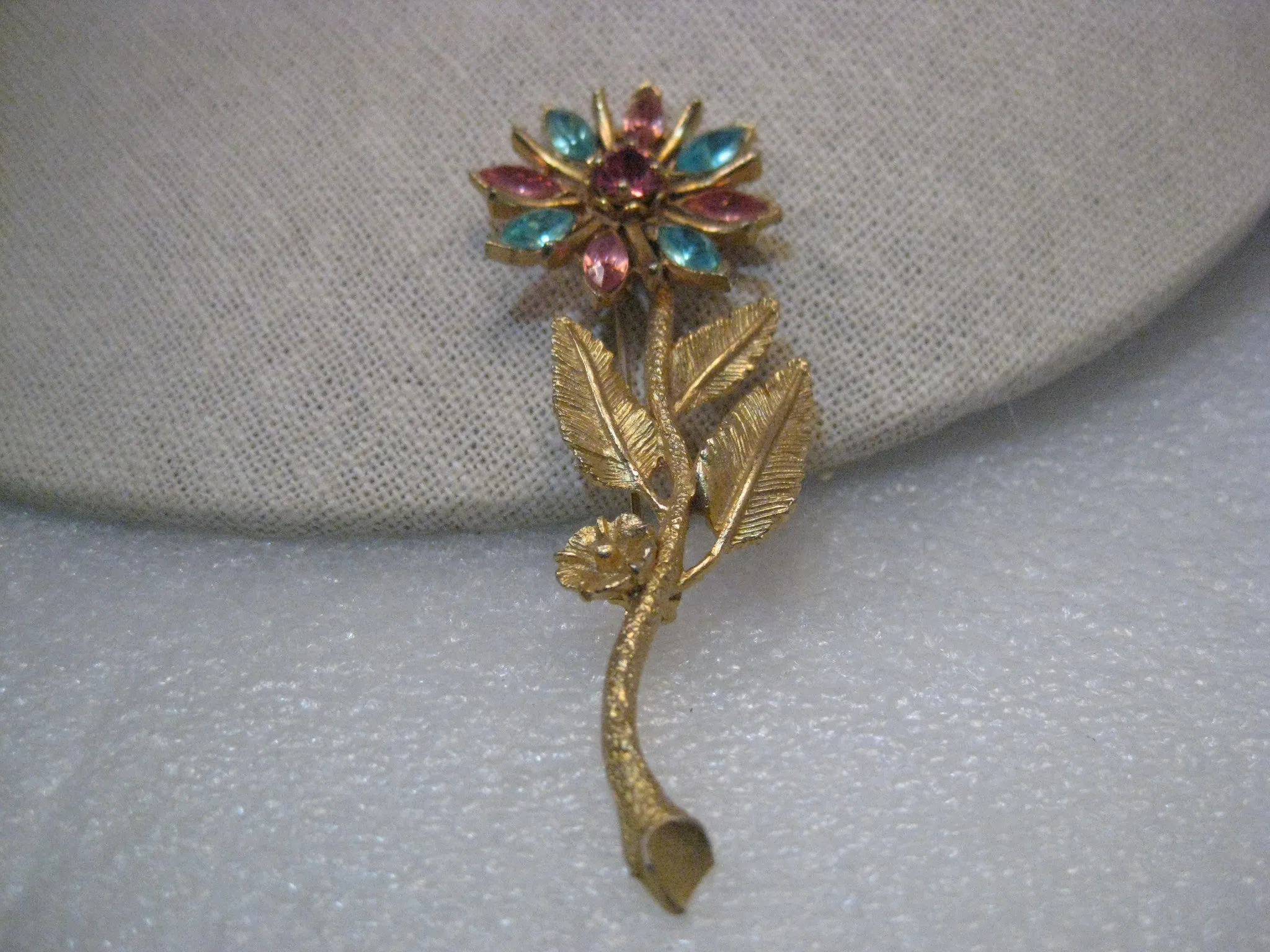 Vintage Gold Tone Pink & Blue Rhinestone Floral Stem Brooch, 1960's, 3.25"