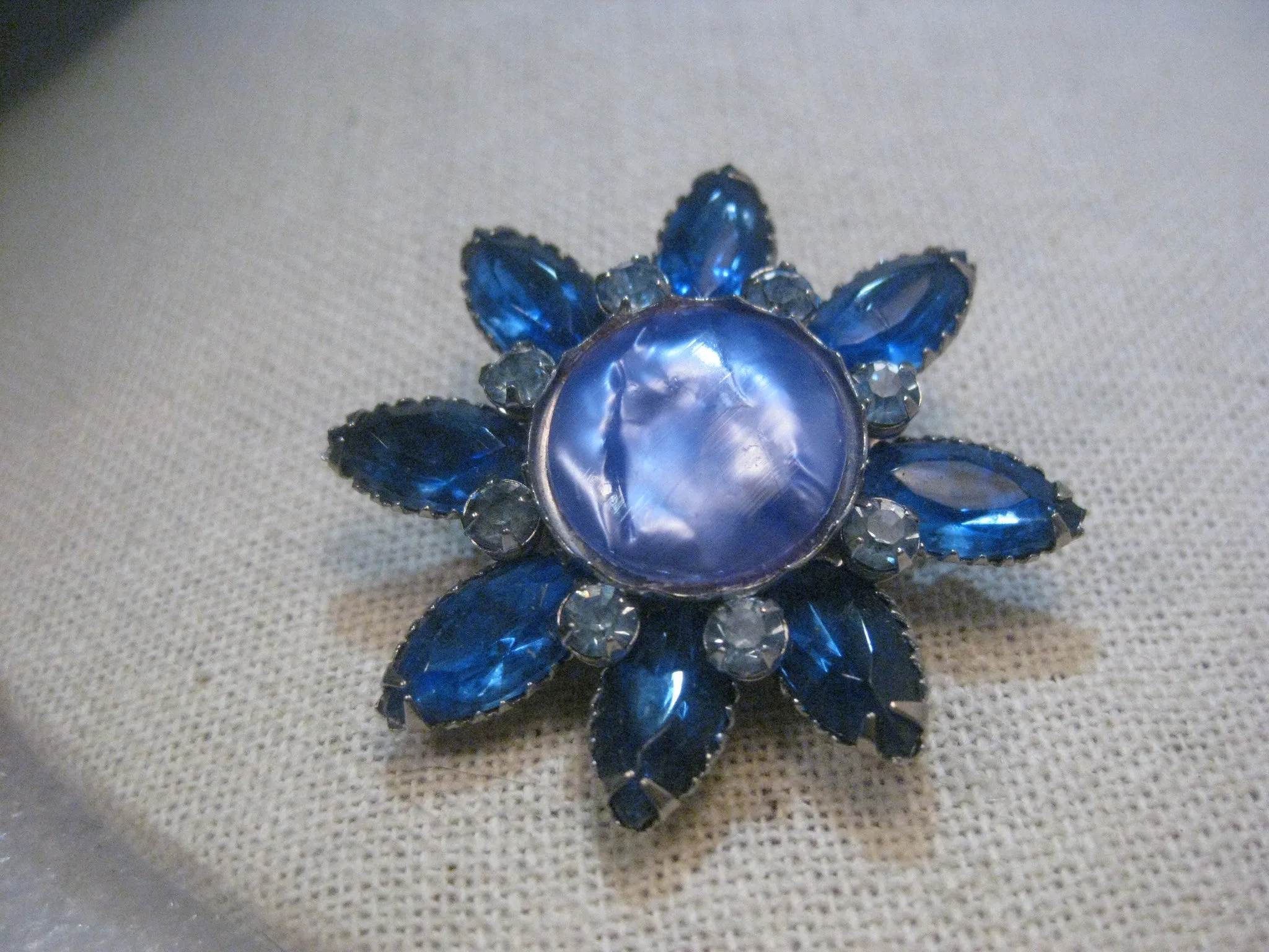 Vintage Silver Tone Blue Marquise & Pearly Button Starburst Brooch, 1950-1960's