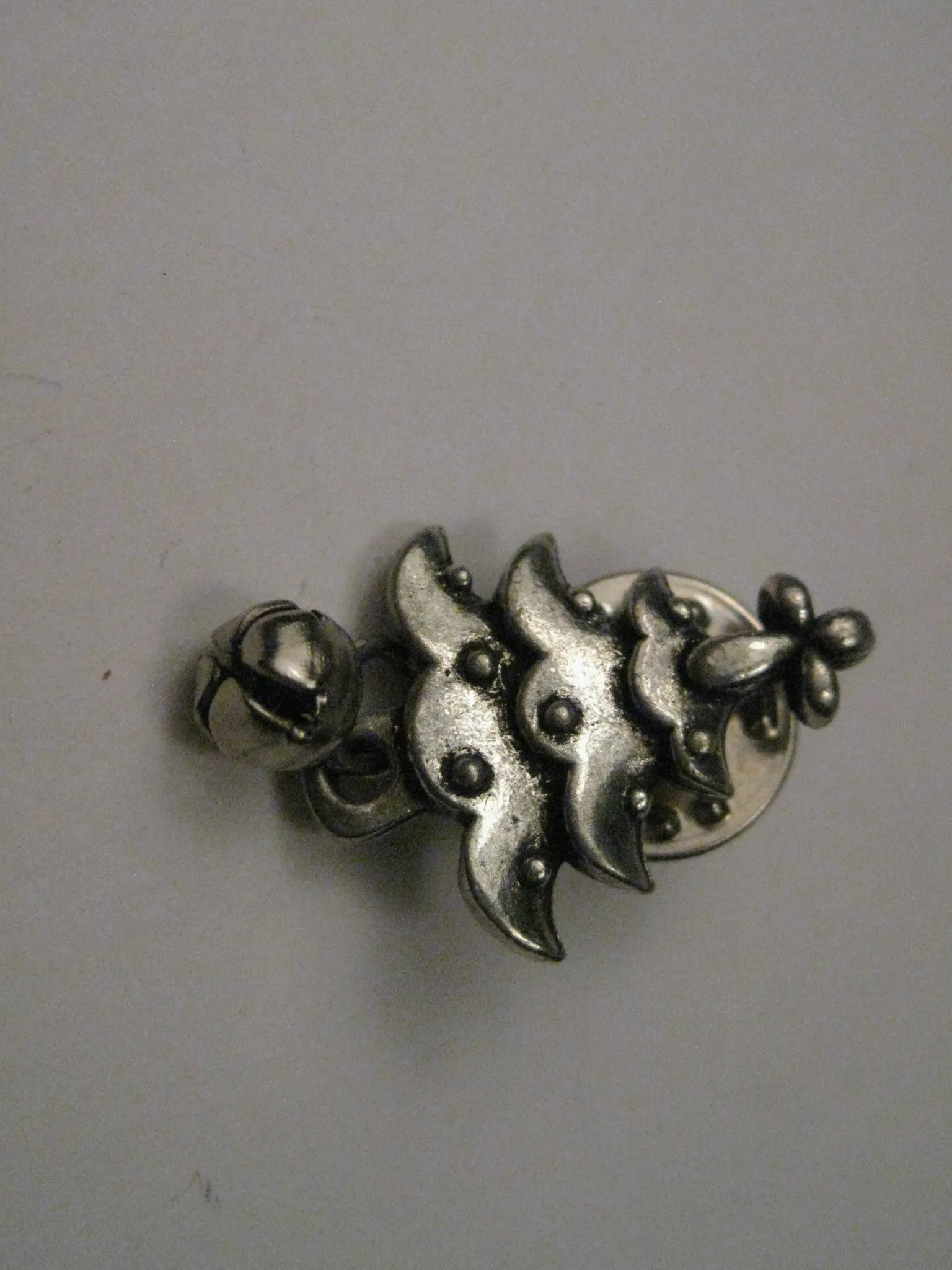 Vintage Silver Tone Christmas Tree Tack Pin with Dangling Jingle Bell, Signed BSD
