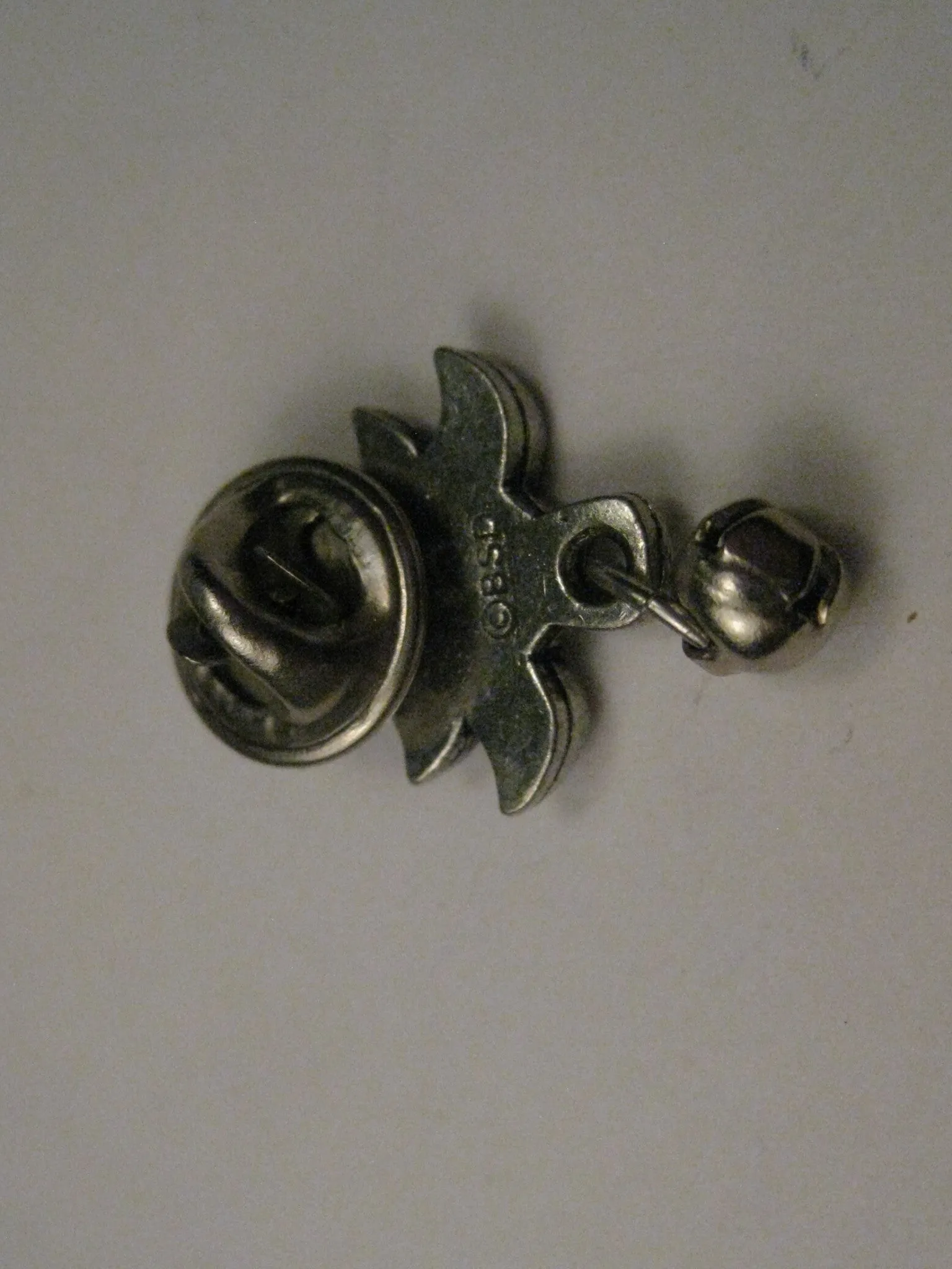 Vintage Silver Tone Christmas Tree Tack Pin with Dangling Jingle Bell, Signed BSD