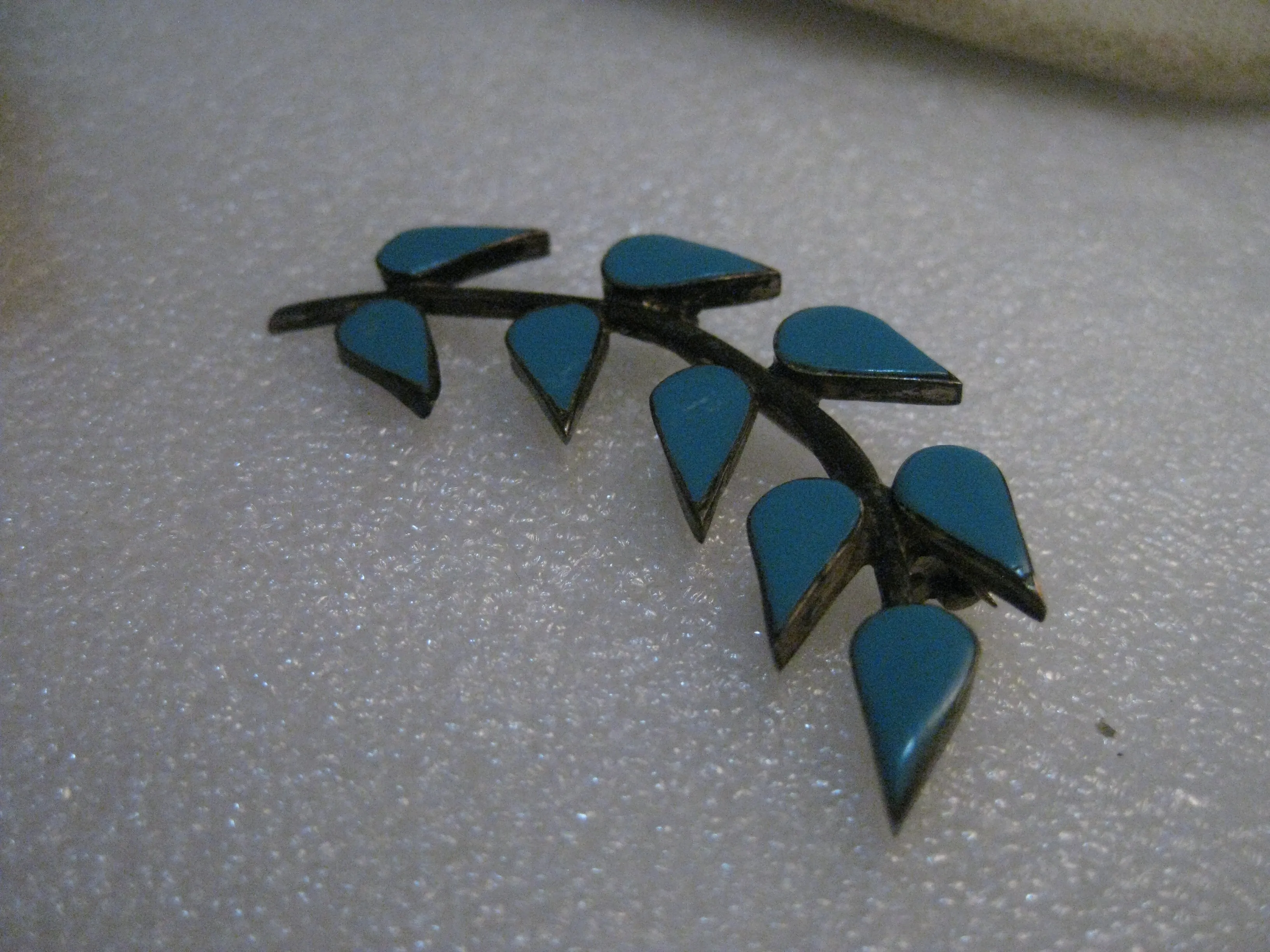 Vintage Southwestern Sterling Turquoise Brooch, Branch/Leaves, 2" Long, signed