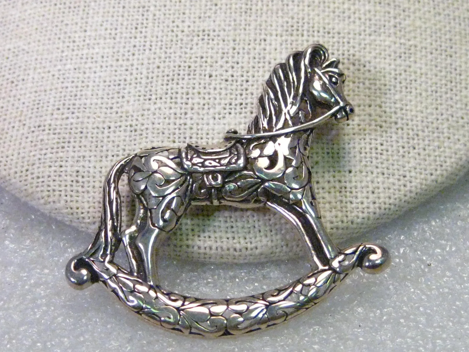Vintage Sterling Silver Rocking Horse Brooch, 2" wide, scolled/filigree design, 10.75 grams