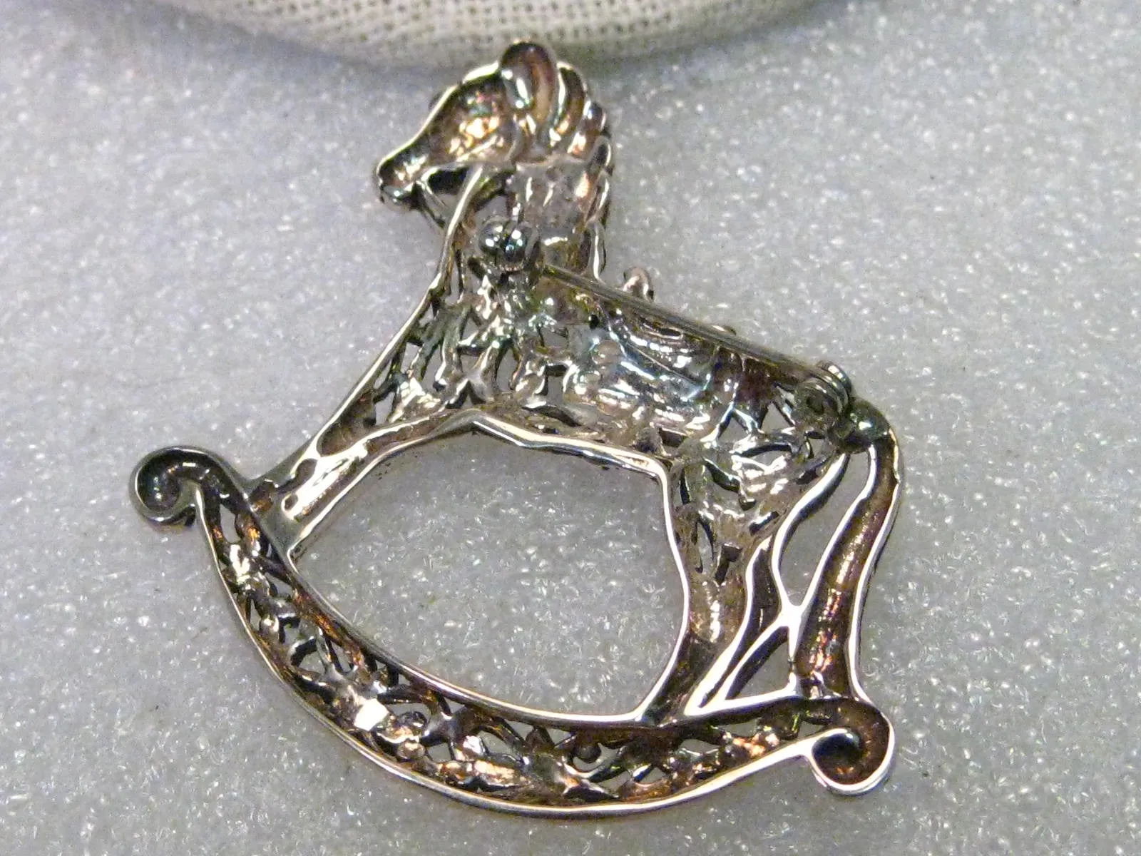 Vintage Sterling Silver Rocking Horse Brooch, 2" wide, scolled/filigree design, 10.75 grams