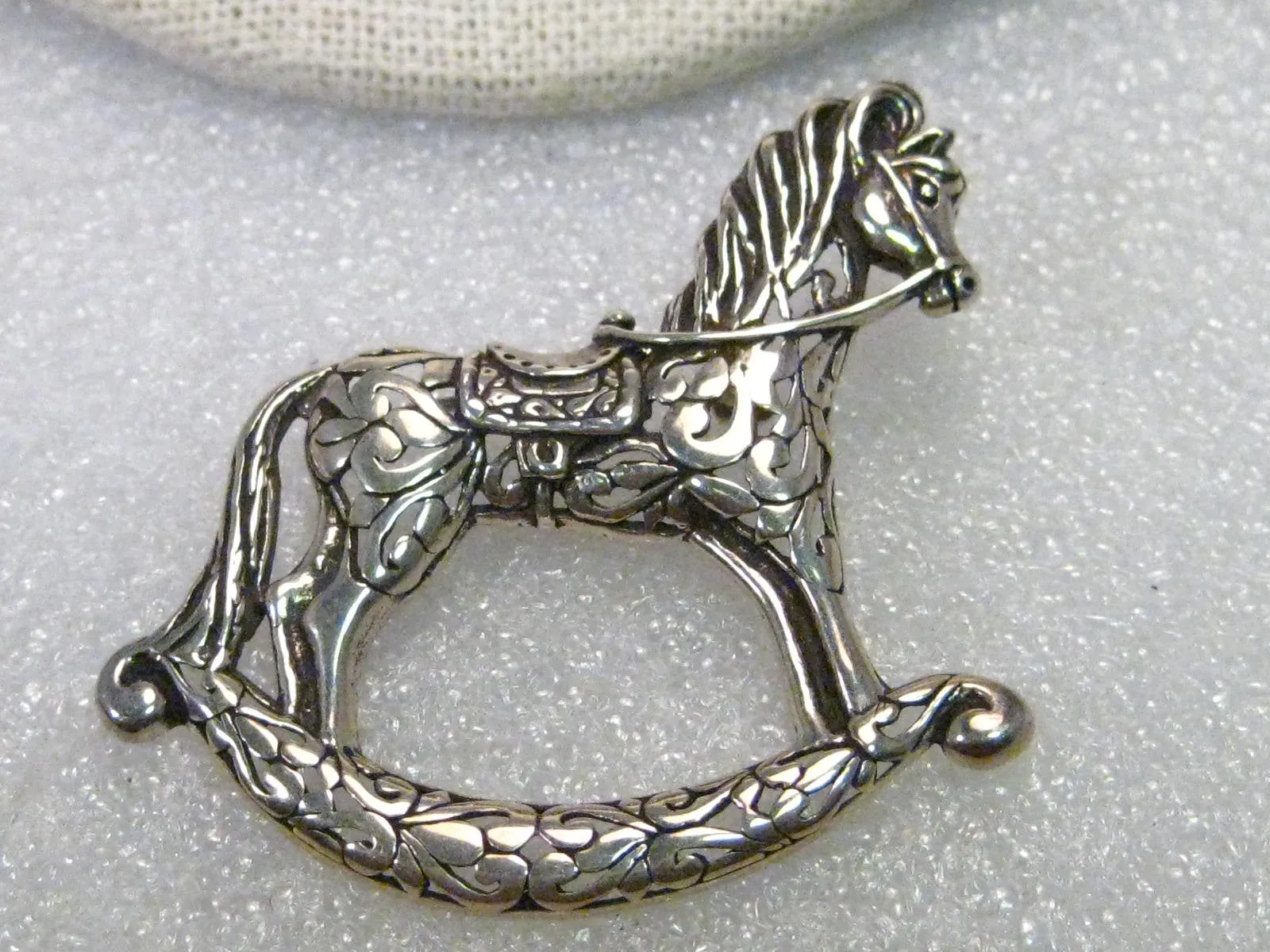 Vintage Sterling Silver Rocking Horse Brooch, 2" wide, scolled/filigree design, 10.75 grams