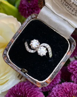 Vintage Two Stone Crossover Toi et Moi Diamond Platinum Ring 1.23ct