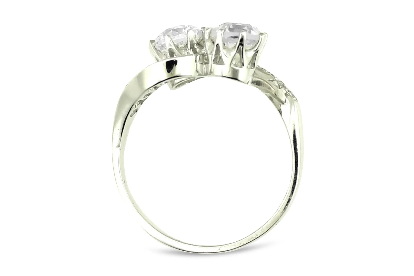 Vintage Two Stone Crossover Toi et Moi Diamond Platinum Ring 1.23ct