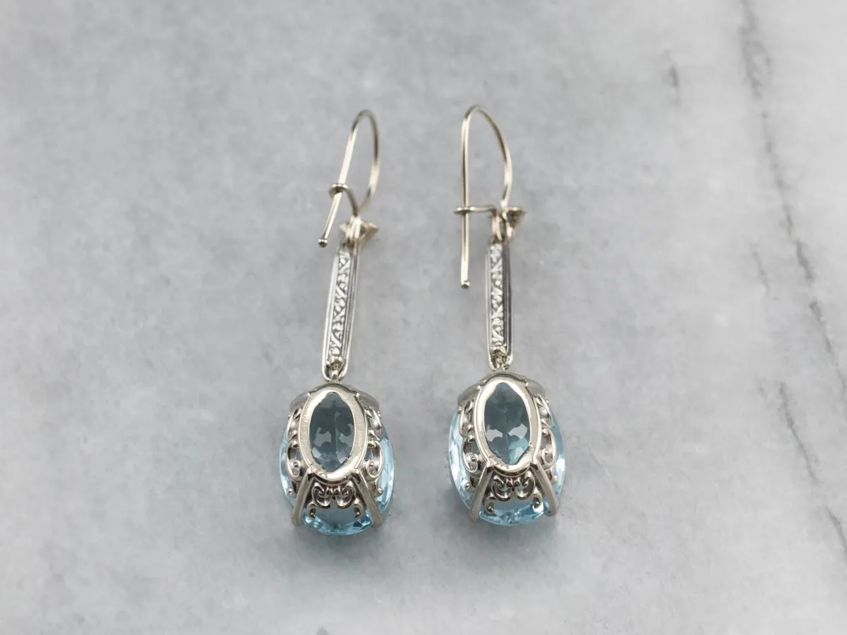 White Gold Blue Topaz and Diamond Drop Earrings
