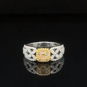 Yellow & White Diamond Cushion Halo Trellis Engagement Ring in 18k Two-Tone Gold - #609 - RGDIA671156