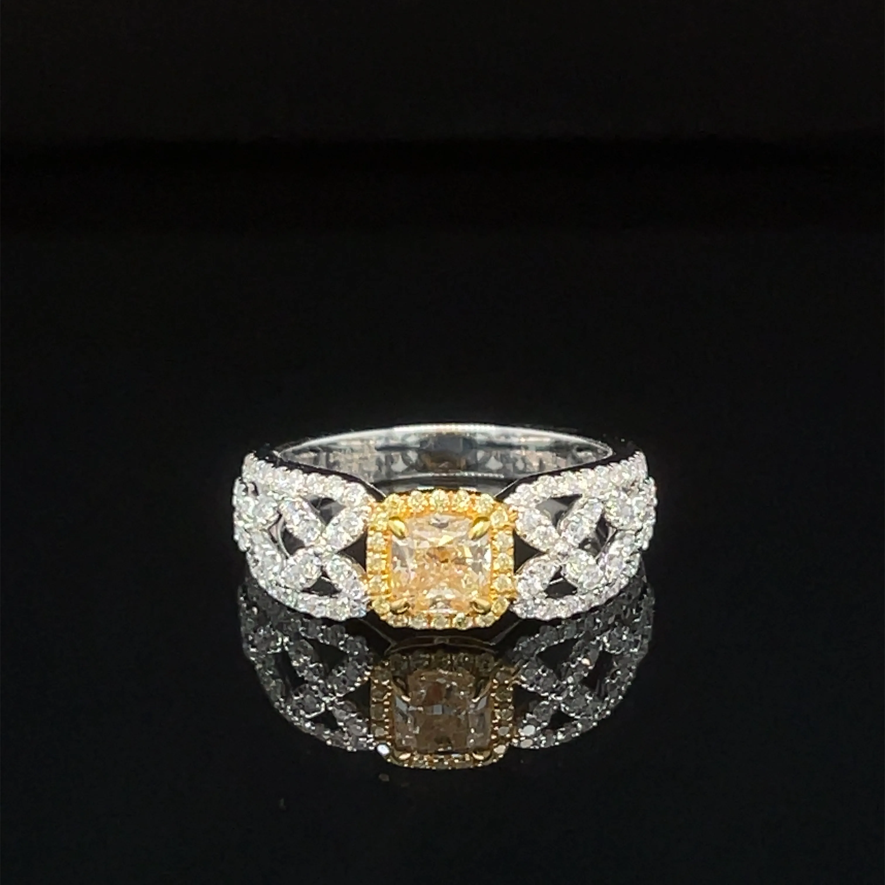 Yellow & White Diamond Cushion Halo Trellis Engagement Ring in 18k Two-Tone Gold - #609 - RGDIA671156